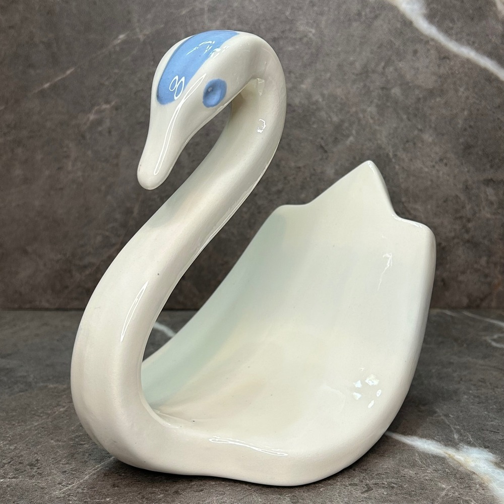 Vintage Ceramic Swan hand towel holder White Blue Hand Painted Pottery